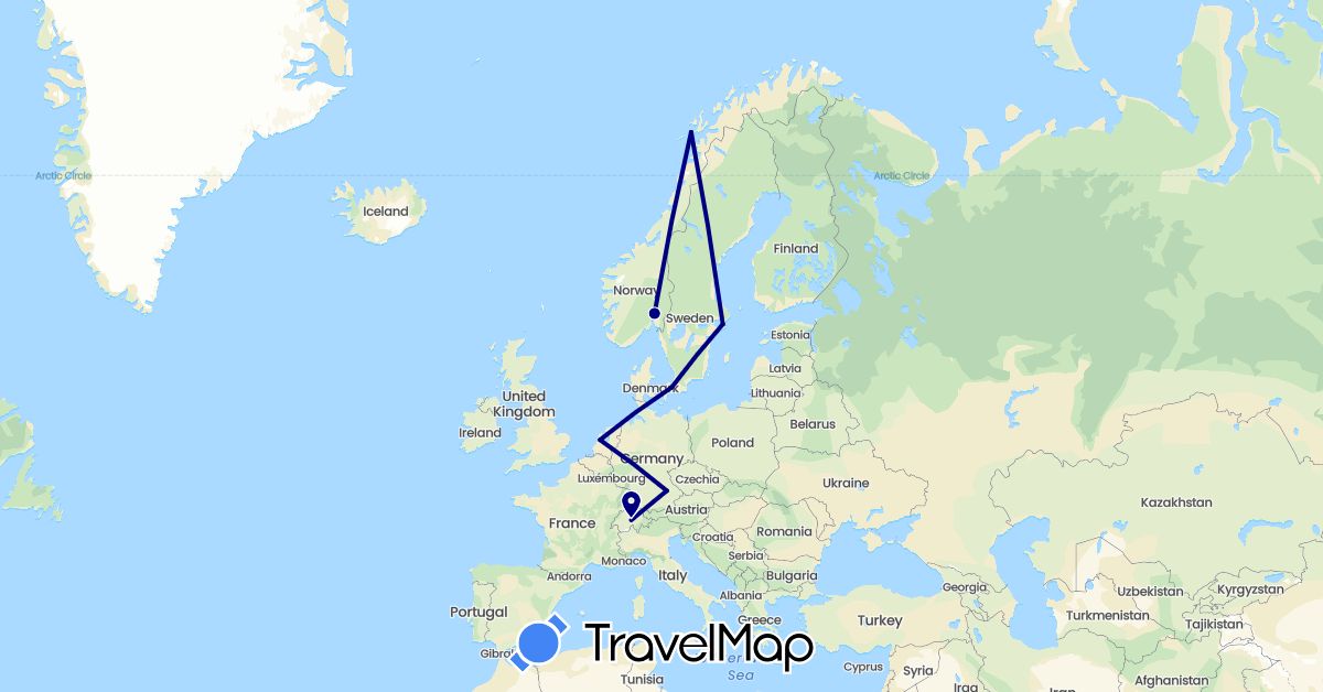 TravelMap itinerary: driving in Switzerland, Germany, Denmark, Netherlands, Norway, Sweden (Europe)